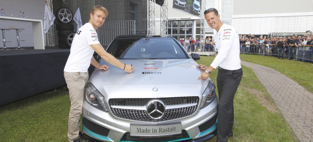 Warm Up für den Großen Preis von Deutschland mit 7.000 Mercedes-Benz Kollegen : Michael Schumacher und Nico Rosberg besuchten A-Klasse Produktionsstätte in Raststatt und bauen in der AMG Schmiede in Affalterbach einen AMG Motor zusammen!